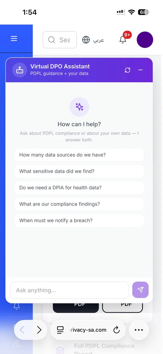 Virtual DPO assistant open on mobile, offering suggested compliance questions to ask.