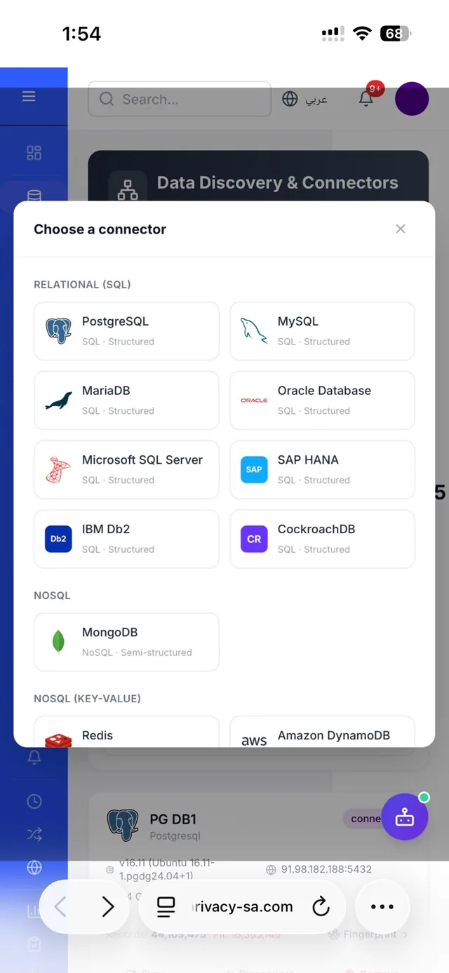 Connector picker on mobile listing supported SQL and NoSQL data sources.