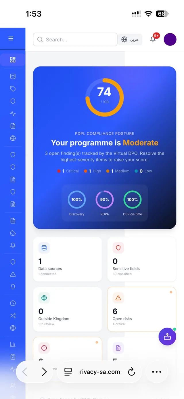 Mobile dashboard in English showing the compliance posture ring and status tiles.